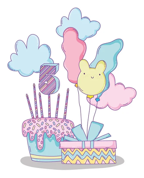 Feliz Cumpleaños Con Globos Pastel Con Velas Vector Ilustración — Vector de stock