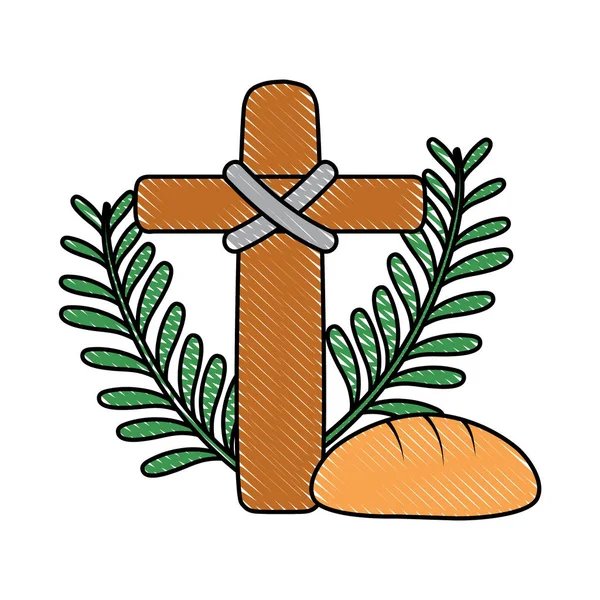 Croix Catholique Avec Branches Palmier Pain Illustration Vectorielle — Image vectorielle