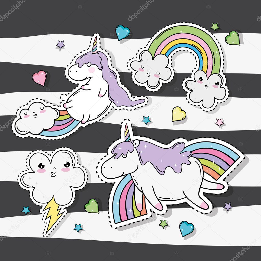 kawaii clouds with rainbow and thunder with unicorn vector illustration