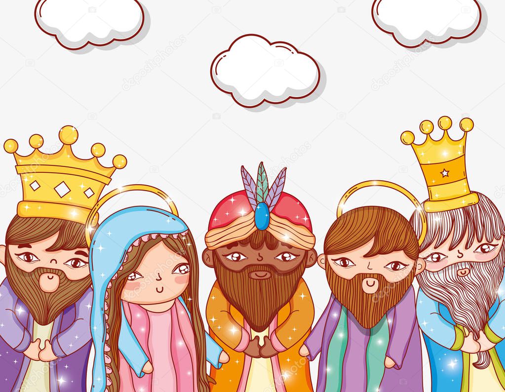 three kings with joseph and mary with clouds vector illustration