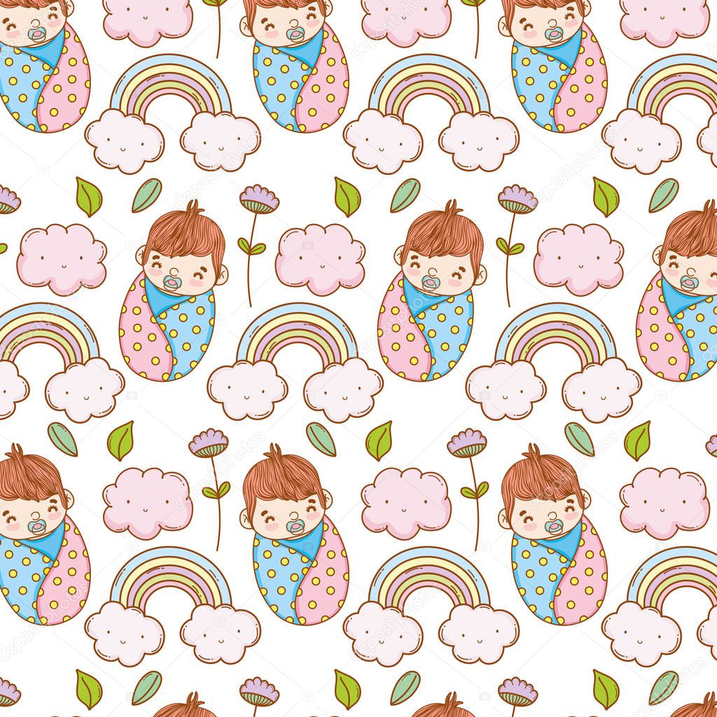 baby boy in the blanket and rainbow with clouds background vector illustration