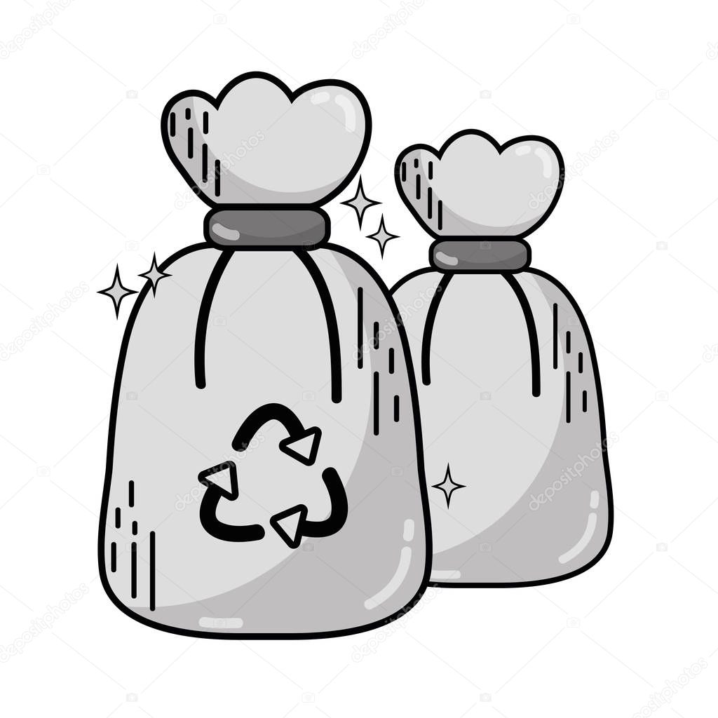 grayscale garbage trash bags with recycle symbol vector illustration