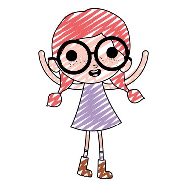 gözlük ve eller yukarı vektör çizim ile çocuk kız doodle