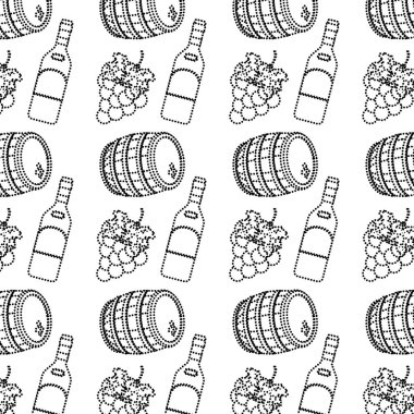 noktalı şekil ahşap fıçı şişe şarap ve üzüm meyve arka plan vektör çizim