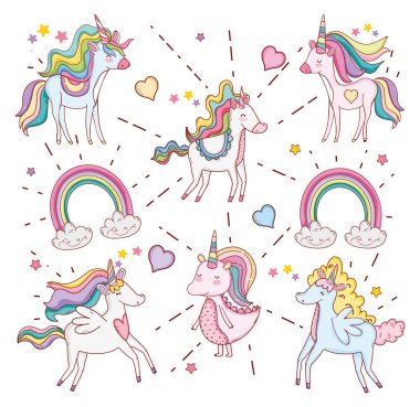 gökkuşağı bulutlar ve kalpleri vektör çizim ile şirin tek boynuzlu atlar