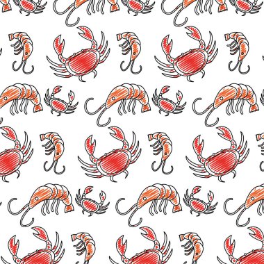 Doodle taze ıstakoz ve yengeç yemek arka plan vektör çizim