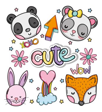 Şirin ve sevimli hayvanlar çizgi film kartı vektör çizim grafik tasarım
