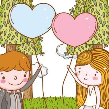 Erkek ve kadın kalp balonlar ve ağaçlar vektör çizim ile