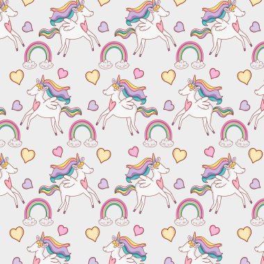 gökkuşağı ve bulutlar arka plan vektör çizim olan sevimli at