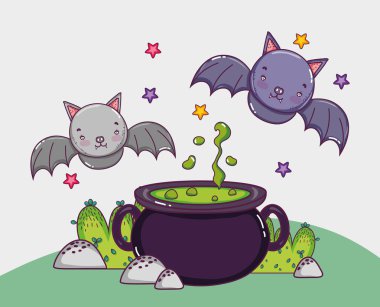 Cadılar Bayramı çorba pot ve yarasalar çizgi film kavramı vektör çizim grafik tasarım