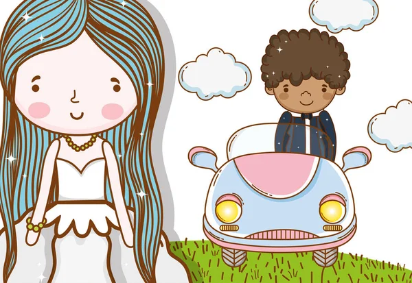 Femme Avec Robe Homme Dans Voiture Avec Des Nuages Illustration — Image vectorielle