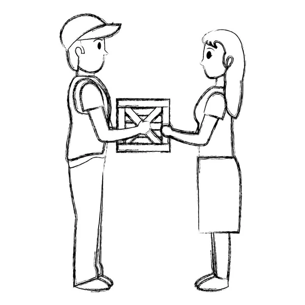 Grunge Man Delivering Package Service Woman Vector Illustration — Stock Vector