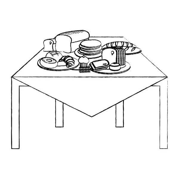 テーブルのベクトル図にグランジおいしい Aand 焼きたてのパン料理 — ストックベクタ