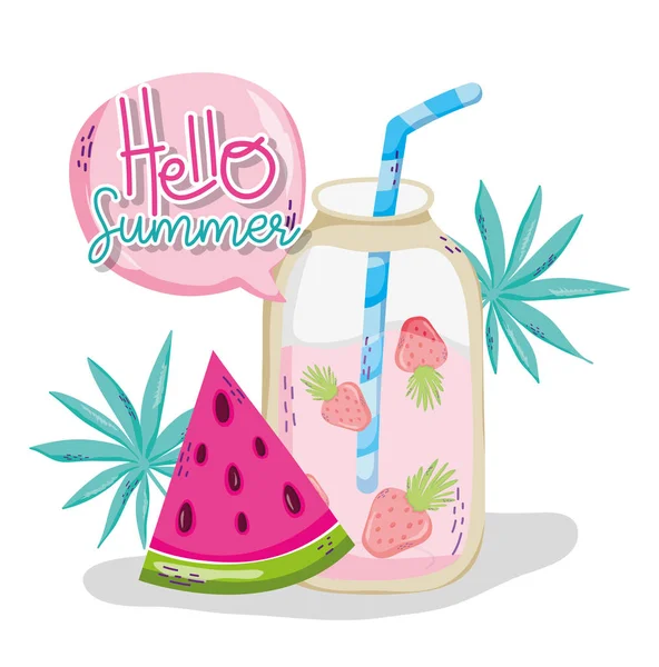 Hello Summer Strawberry Juice Mason Jar Cartoons Vector Illustration Graphic — Stock Vector