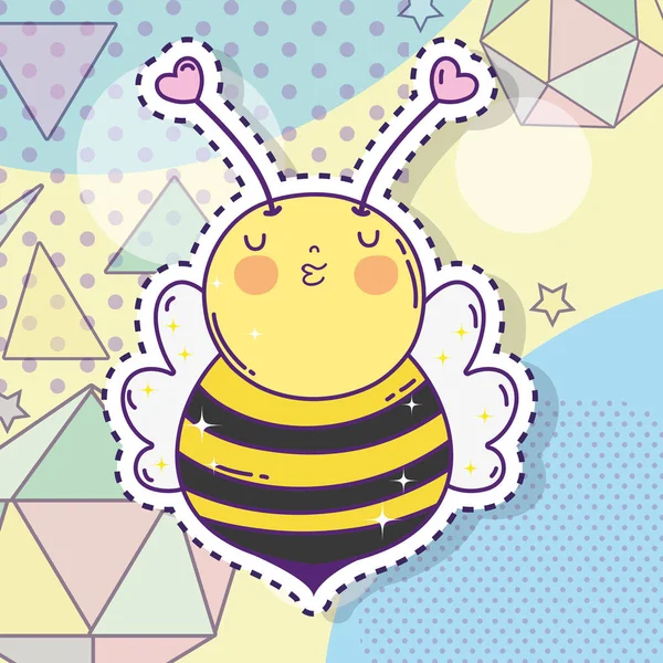 Cute Bee Sticker Stars Geometric Figures Vector Illustration — Stock Vector