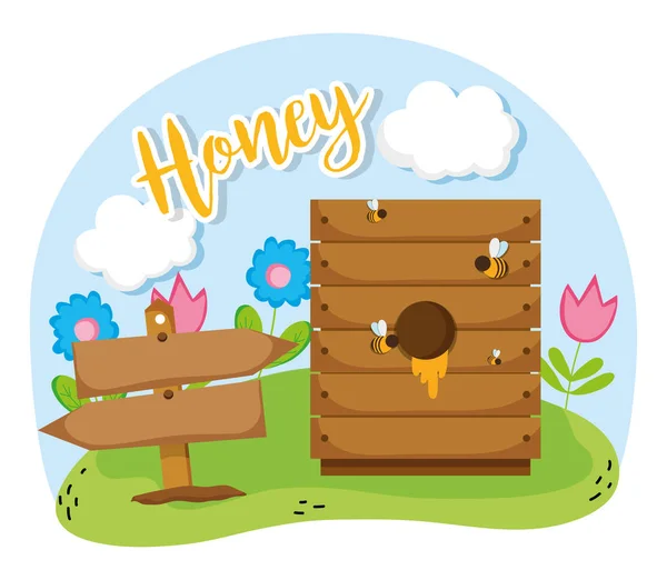 Αγρόκτημα Φρέσκα Μέλι Και Μέλισσες Χαριτωμένα Κινούμενα Σχέδια Διανυσματικά Εικονογράφηση — Διανυσματικό Αρχείο