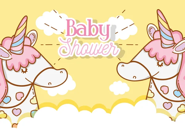 Niedliche Einhörner Den Wolken Baby Dusche Dekorationsvektor Illustration — Stockvektor