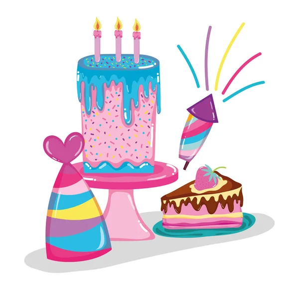 Happy birthday cake and fireworks with hat vector illustration graphic design
