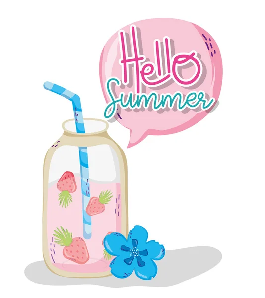 Hej Vektor Sommar Jordgubbar Juice Mason Jar Karikatyrerna Illustration Grafisk — Stock vektor