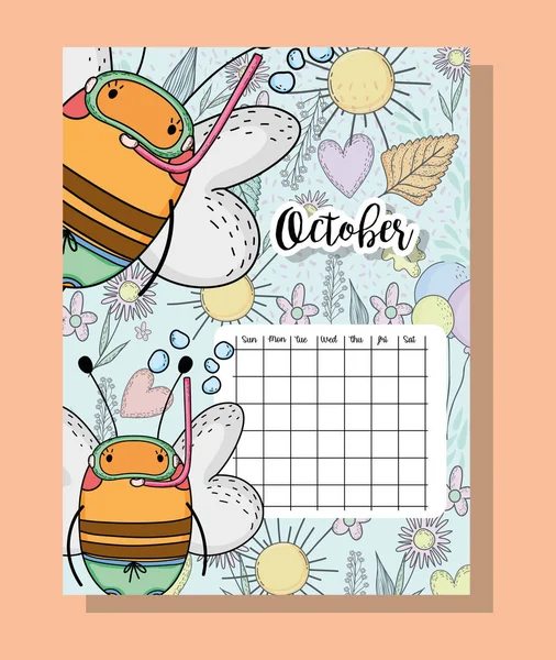 Octubre Calendario Información Con Abejas Flores Vector Ilustración — Vector de stock