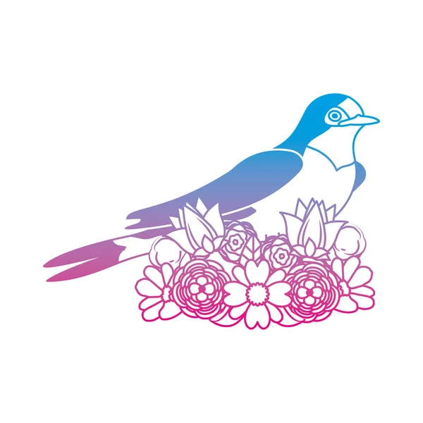 Línea Degradada Naturaleza Pájaro Animal Con Flores Con Pétalos Vector — Vector de stock