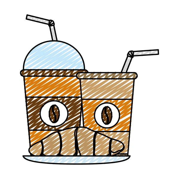 Doodle Kaffe Plast Kopper Med Croissant Brød Vektor Illustration – Stock-vektor