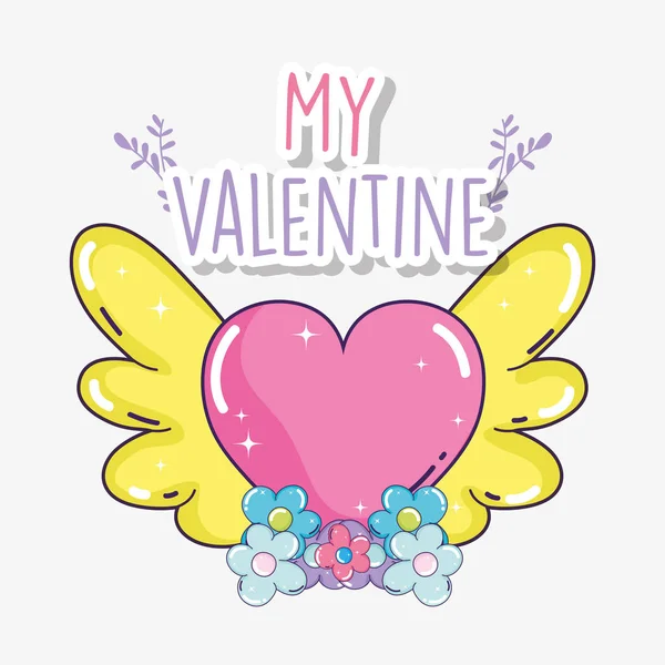 Heureux Jour Saint Valentin Ailes Coeur Avec Des Fleurs Illustration — Image vectorielle