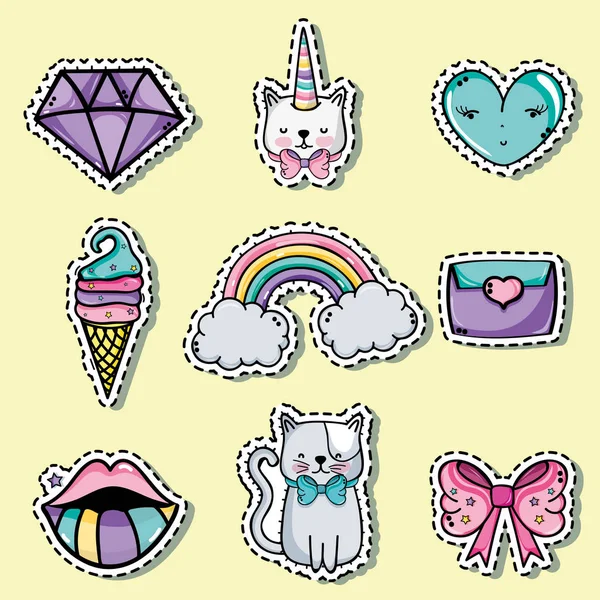 Set Fashion Cute Patch Decoration Design Vector Illustration — Stock Vector