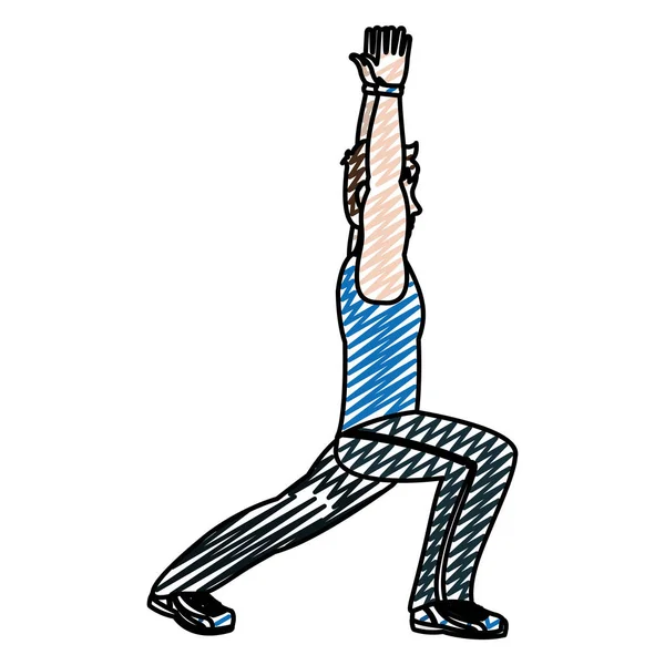 Doodle Fitness Mann Mit Erhobenen Händen Und Ausfallschritten Jeden Beinvektor — Stockvektor