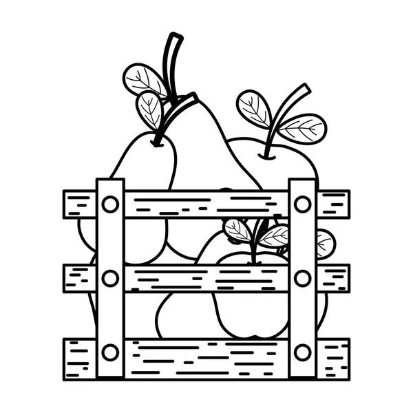 Γραμμή Αχλαδιές Και Μηλιές Νόστιμα Φρούτα Μέσα Ξύλινο Κουτί Εικονογράφηση — Διανυσματικό Αρχείο