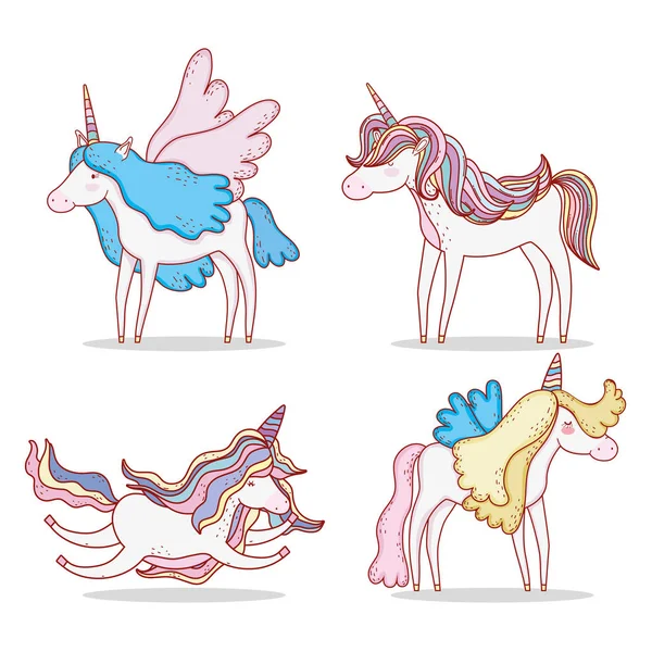 Conjunto Lindo Unicornio Con Alas Peinado Vector Ilustración — Archivo Imágenes Vectoriales