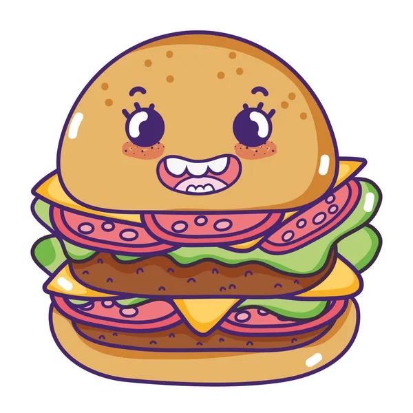 Kawaii Hambúrguer Feliz Saboroso Fast Food Vetor Ilustração — Vetor de Stock