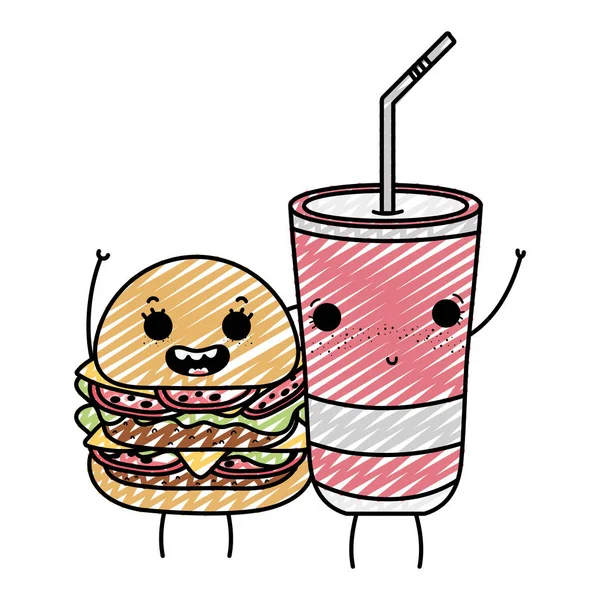 Doodle Kawaii Hambúrguer Feliz Com Timido Soda Vetor Ilustração — Vetor de Stock