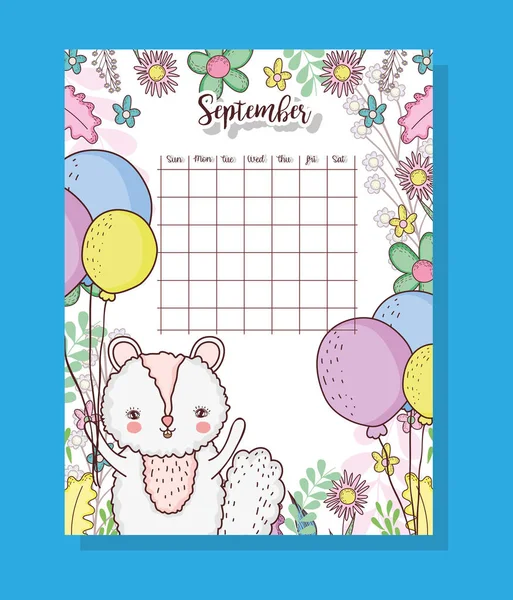 Calendario Septiembre Con Lindo Vector Animal Ardilla Ilustración — Vector de stock