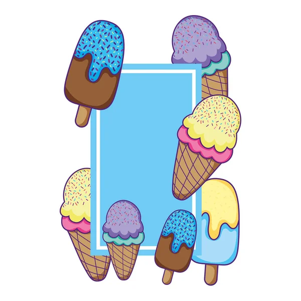 Süße Eis Lollies Und Creme Emblem Vektor Illustration — Stockvektor