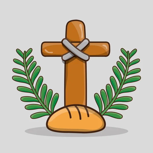 カトリックのクロスとパン ベクトル イラストでヤシの枝 — ストックベクタ