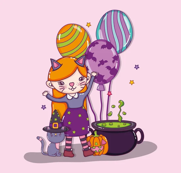 Halloween Menina Com Gato Pote Sopa Bonito Desenhos Animados Vetor —  Vetores de Stock