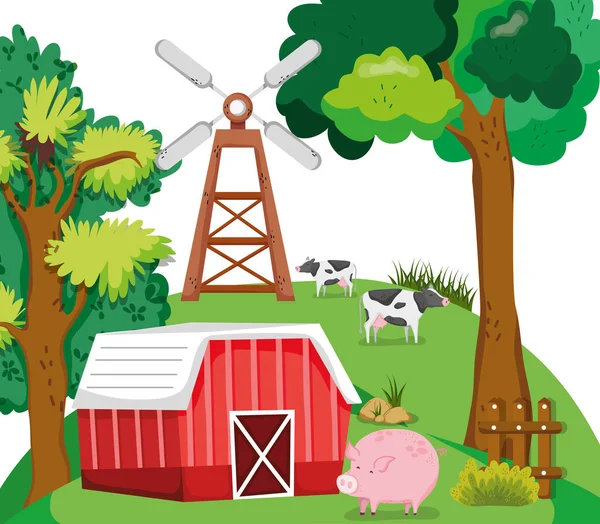 Krásné Farmě Karikatury Krav Prasat Vektorové Ilustrace Grafický Design — Stockový vektor