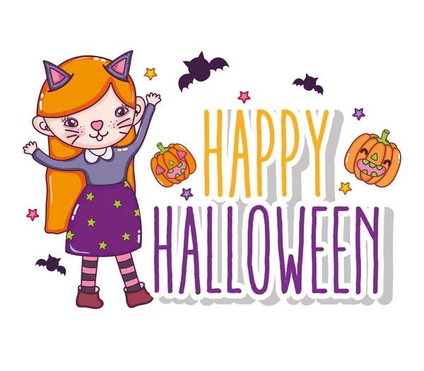 Glücklich Halloween Mädchen Mit Katze Custome Cartoons Vektor Illustration Grafik — Stockvektor