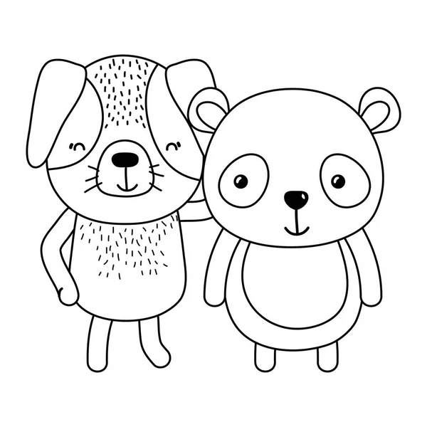 Ligne Mignon Chien Panda Amis Animaux Illustration Vectorielle — Image vectorielle