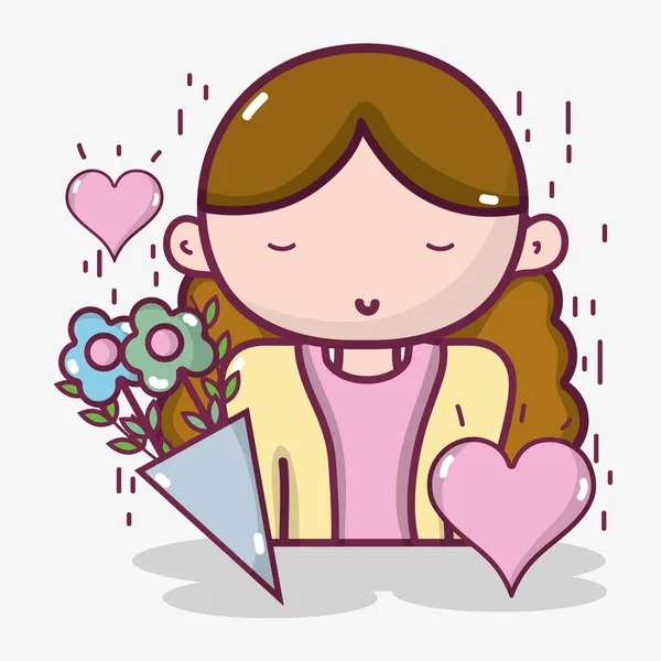 Femme Avec Bouquet Fleurs Coeur Dessin Vectoriel Illustration — Image vectorielle