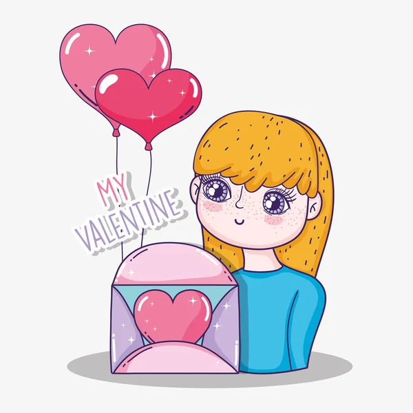 Mädchen Mit Herzen Luftballons Und Liebeskarte Zum Valentinstag Vektor Illustration — Stockvektor