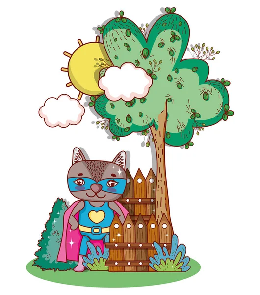 Cat superhero animal at nature cartoon vector illustration graphic design