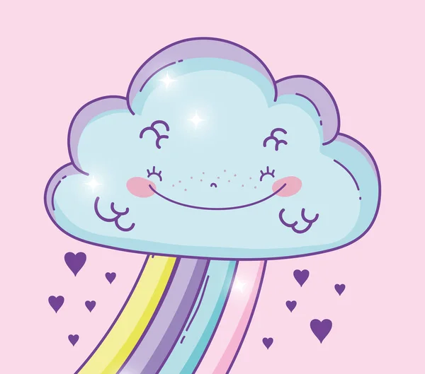 Linda Nube Feliz Con Arco Iris Corazones Vector Ilustración — Archivo Imágenes Vectoriales