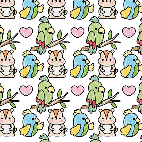 doodle parrots and beaver animals with heart background vector illustration