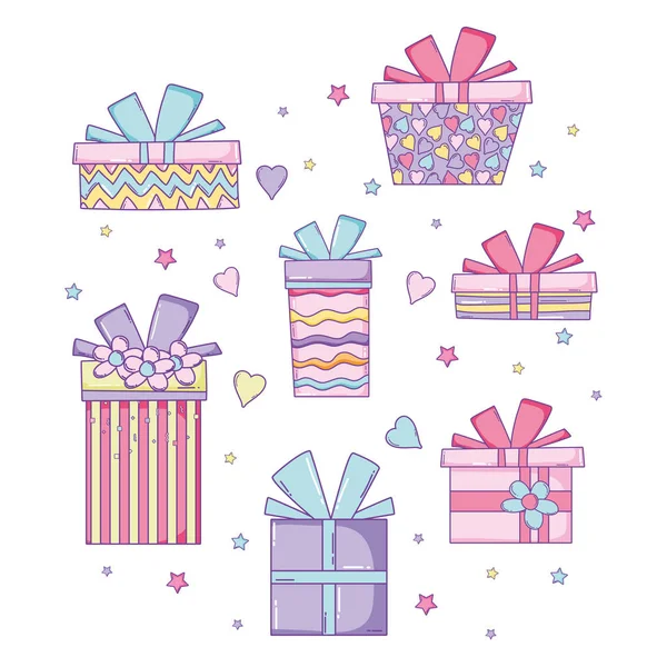 Ensemble Cadeaux Anniversaire Avec Illustration Vectorielle Arc Ruban — Image vectorielle