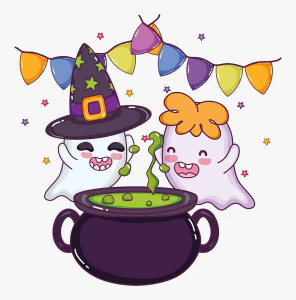 Cute ghosts with soup pot at party halloween cartoons vector illustration graphic design