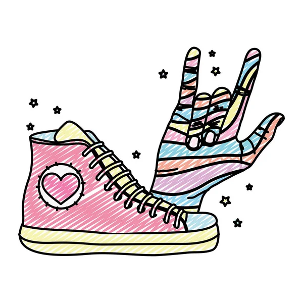 Doodle Mode Sneaker Med Hand Med Rock Tecken Vektorillustration — Stock vektor