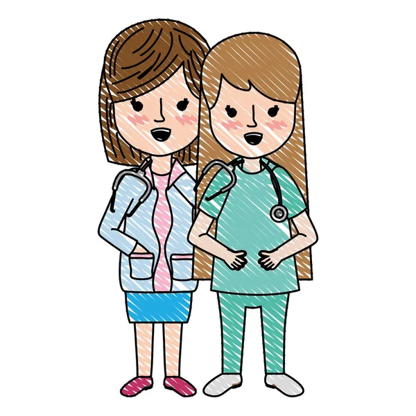 Doodle Mujeres Médicos Con Uniforme Estetoscopio Herramienta Vector Ilustración — Archivo Imágenes Vectoriales