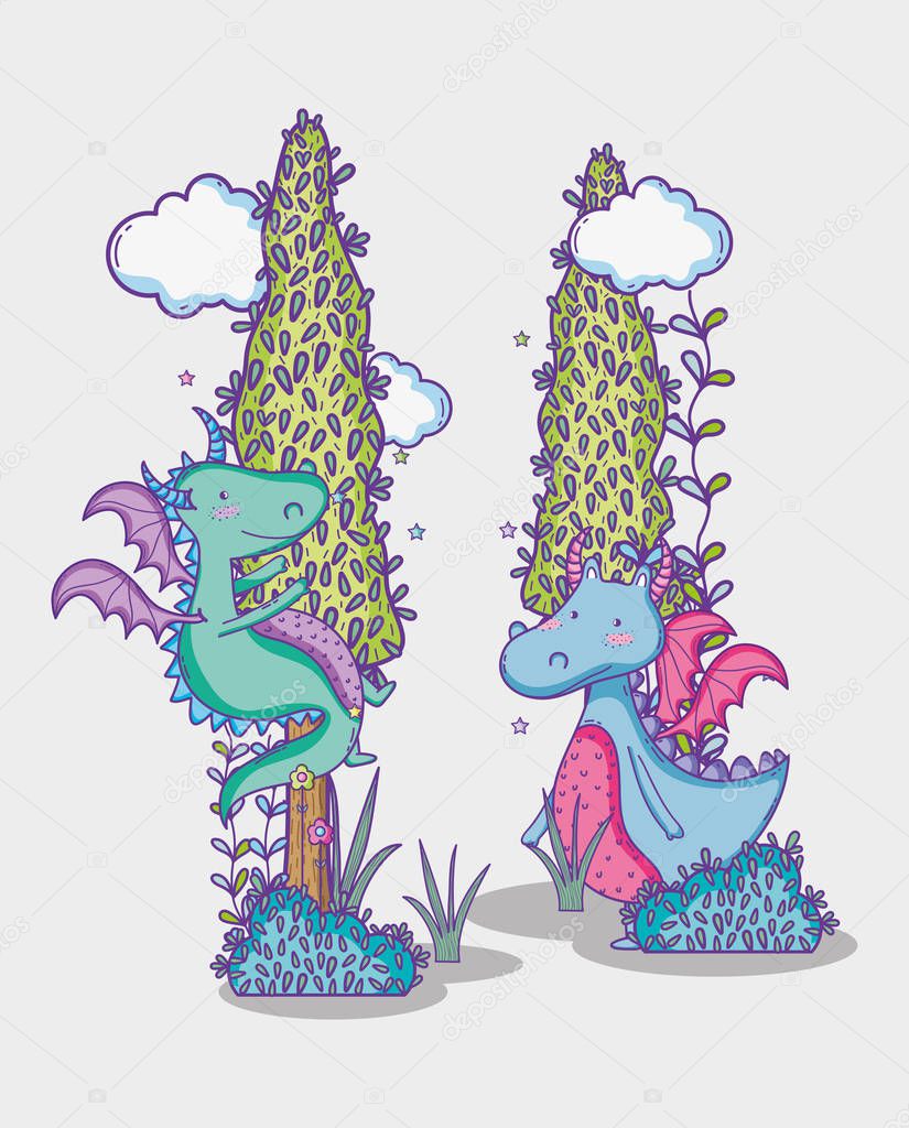 Dragons in magical world vector illustration graphic pastel colors , Sweet and Cute